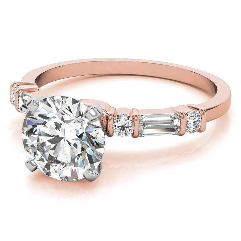 Round and Baguette Bar Set Moissanite Engagement Ring