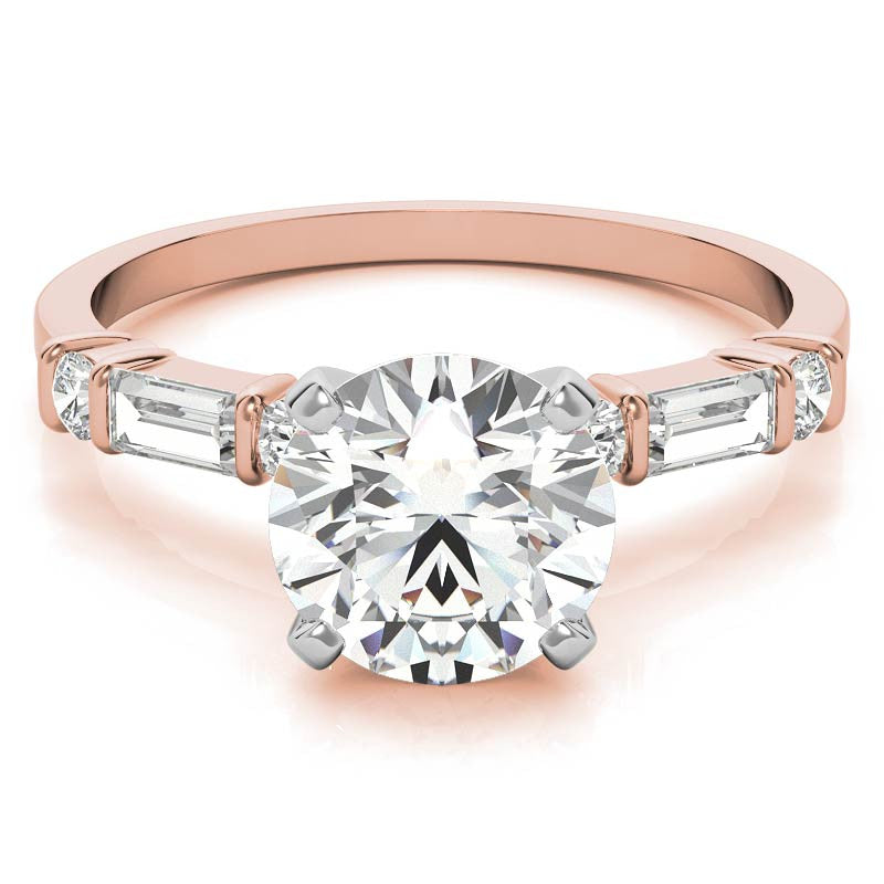 Round and Baguette Bar Set Moissanite Engagement Ring