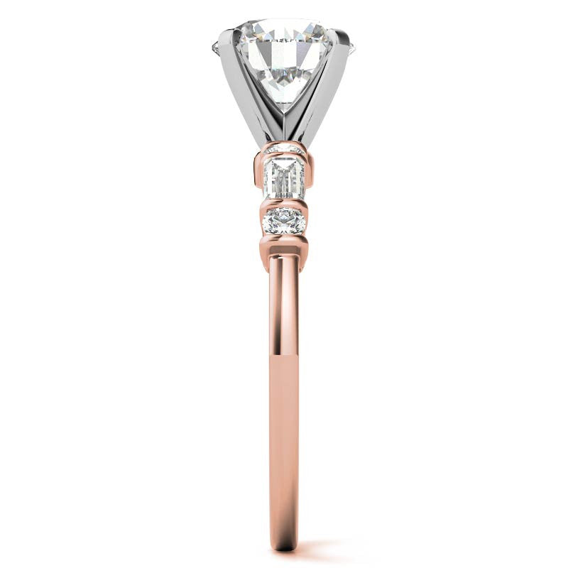 Round and Baguette Bar Set Moissanite Engagement Ring