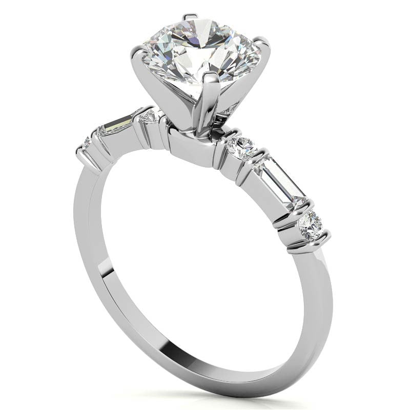 Round and Baguette Bar Set Moissanite Engagement Ring