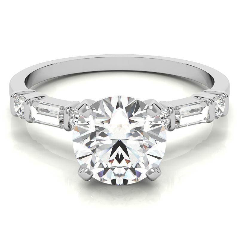 Round and Baguette Bar Set Moissanite Engagement Ring