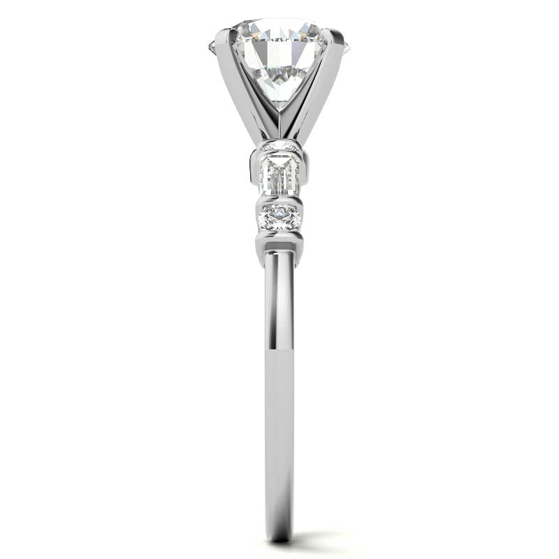 Round and Baguette Bar Set Moissanite Engagement Ring
