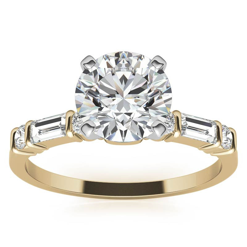 Round and Baguette Bar Set Moissanite Engagement Ring