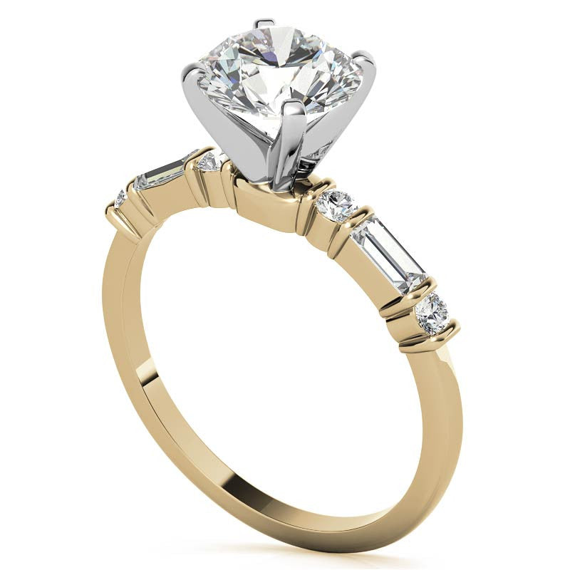Round and Baguette Bar Set Moissanite Engagement Ring