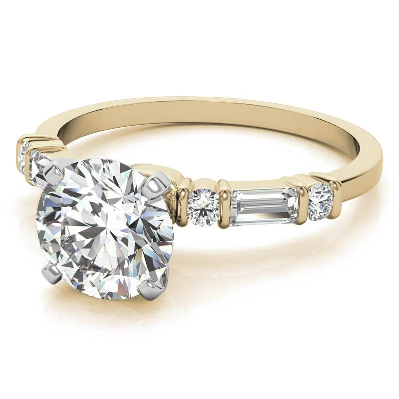 Round and Baguette Bar Set Moissanite Engagement Ring