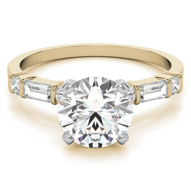 Round and Baguette Bar Set Moissanite Engagement Ring
