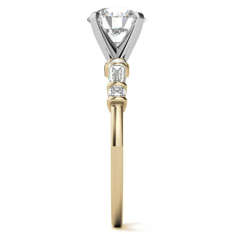 Round and Baguette Bar Set Moissanite Engagement Ring