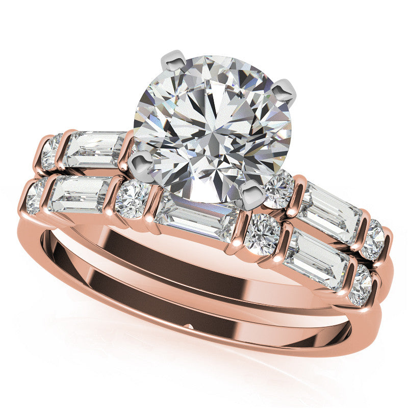 Round and Baguette Bar Set Moissanite Engagement Ring