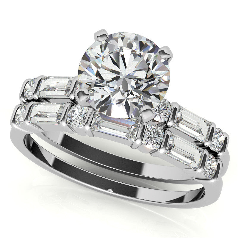 Round and Baguette Bar Set Moissanite Engagement Ring