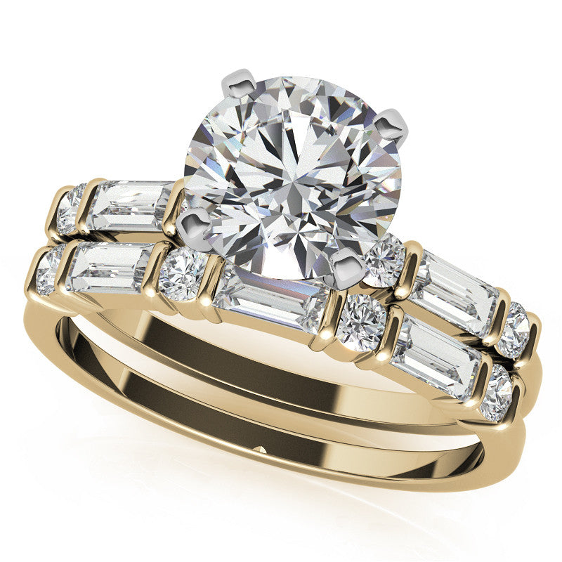 Round and Baguette Bar Set Moissanite Engagement Ring