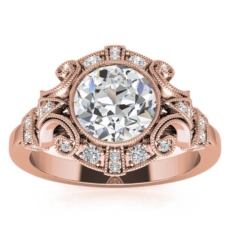 Antique Style Bezel Round Brilliant Moissanite Engagement Ring with Milgrain
