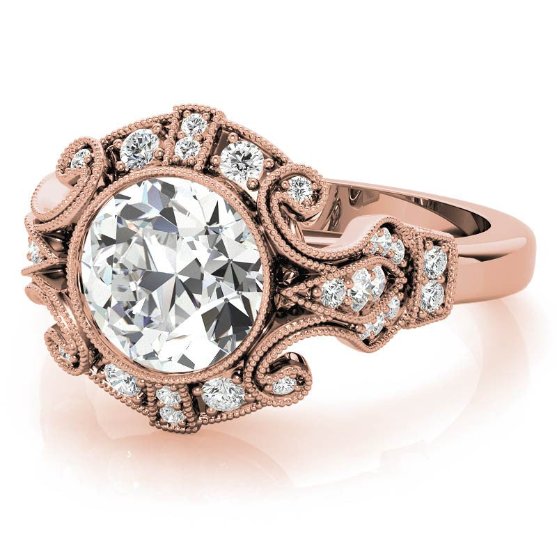Antique Style Bezel Round Brilliant Moissanite Engagement Ring with Milgrain