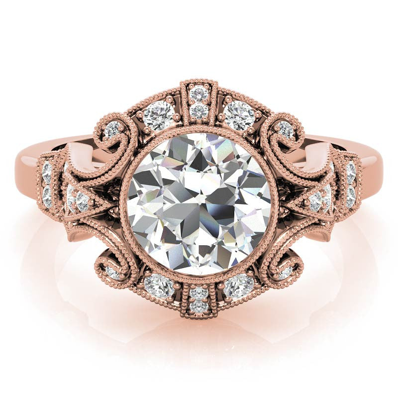 Antique Style Bezel Round Brilliant Moissanite Engagement Ring with Milgrain