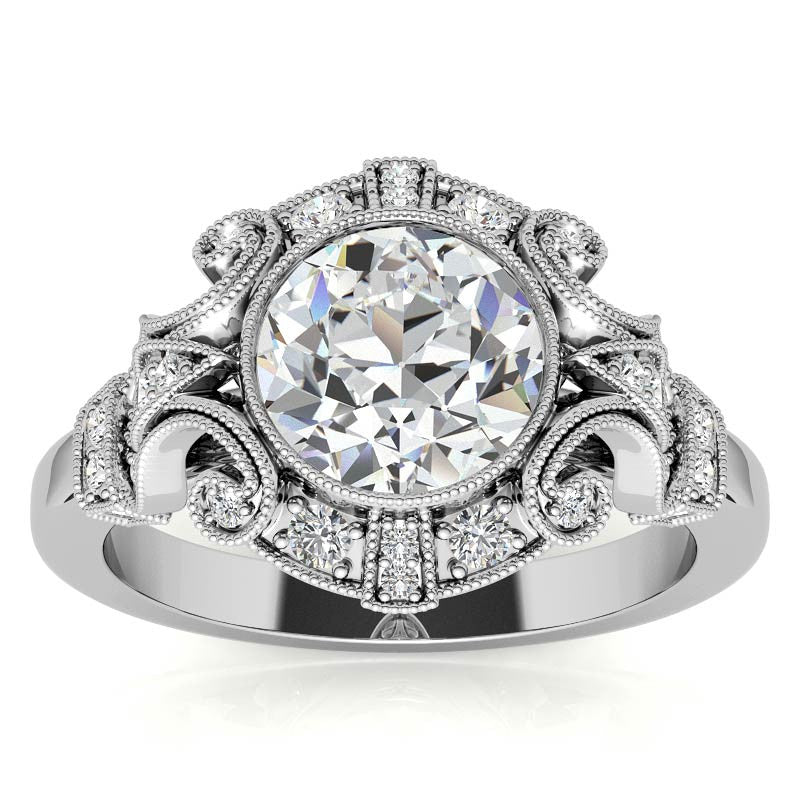 Antique Style Bezel Round Brilliant Moissanite Engagement Ring with Milgrain