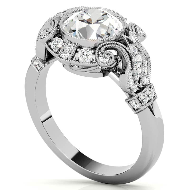 Antique Style Bezel Round Brilliant Moissanite Engagement Ring with Milgrain
