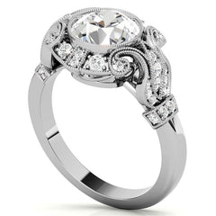 Antique Style Bezel Round Brilliant Moissanite Engagement Ring with Milgrain
