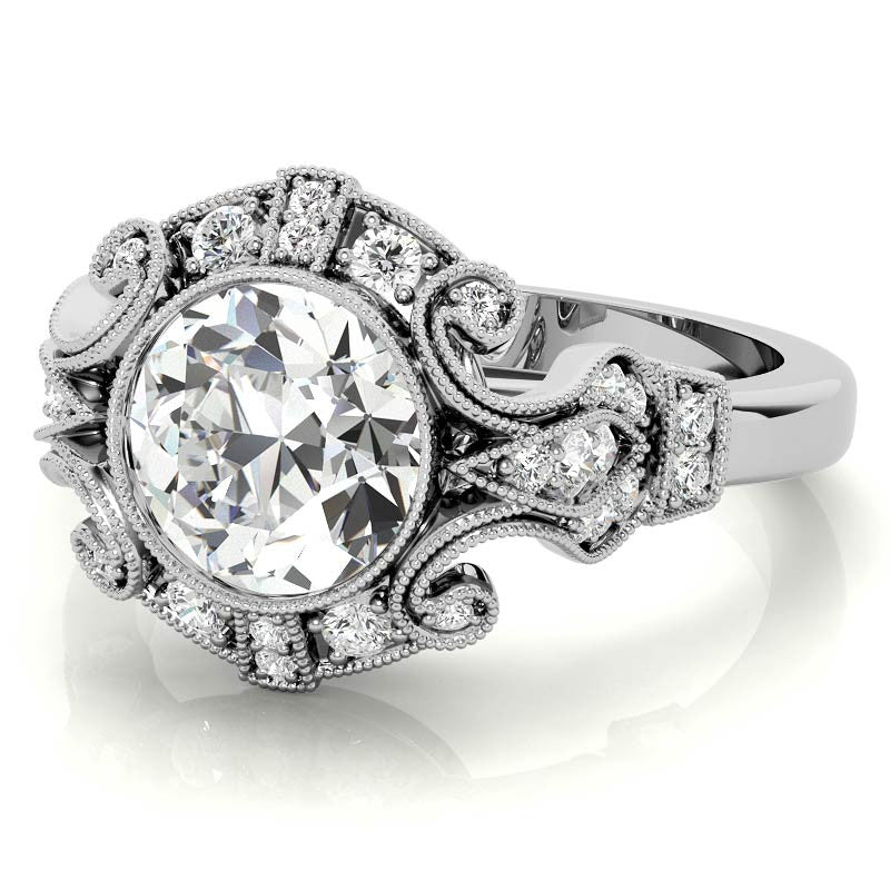 Antique Style Bezel Round Brilliant Moissanite Engagement Ring with Milgrain
