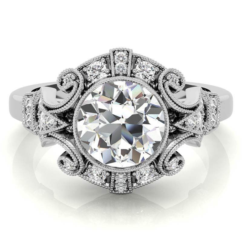 Antique Style Bezel Round Brilliant Moissanite Engagement Ring with Milgrain