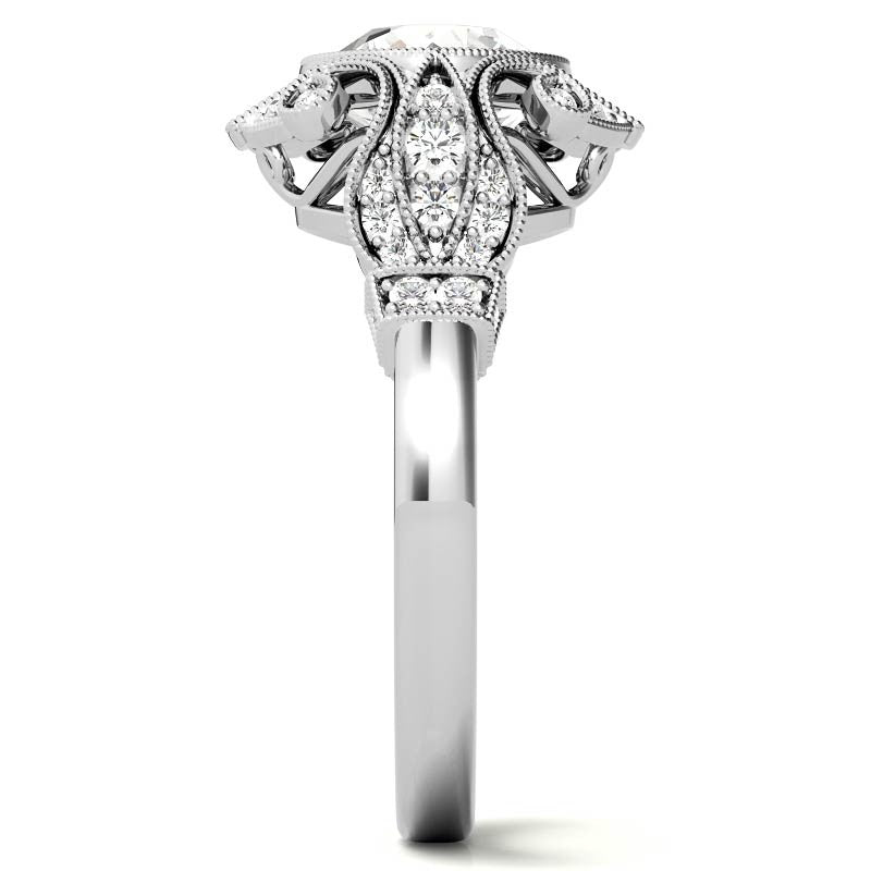 Antique Style Bezel Round Brilliant Moissanite Engagement Ring with Milgrain