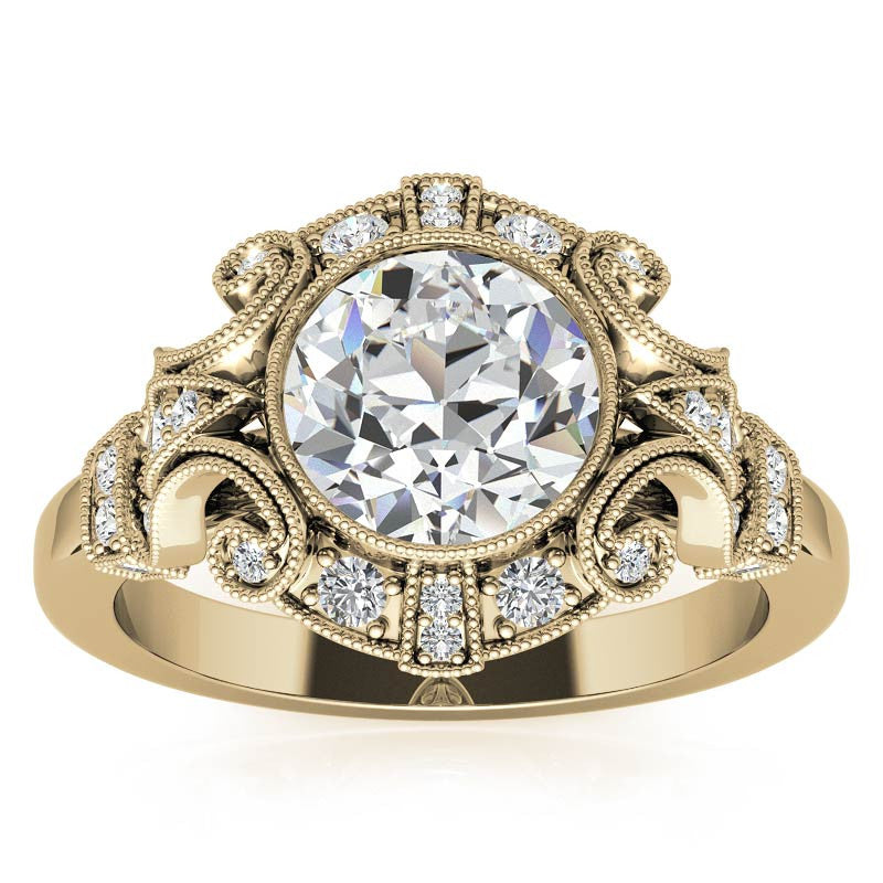 Antique Style Bezel Round Brilliant Moissanite Engagement Ring with Milgrain