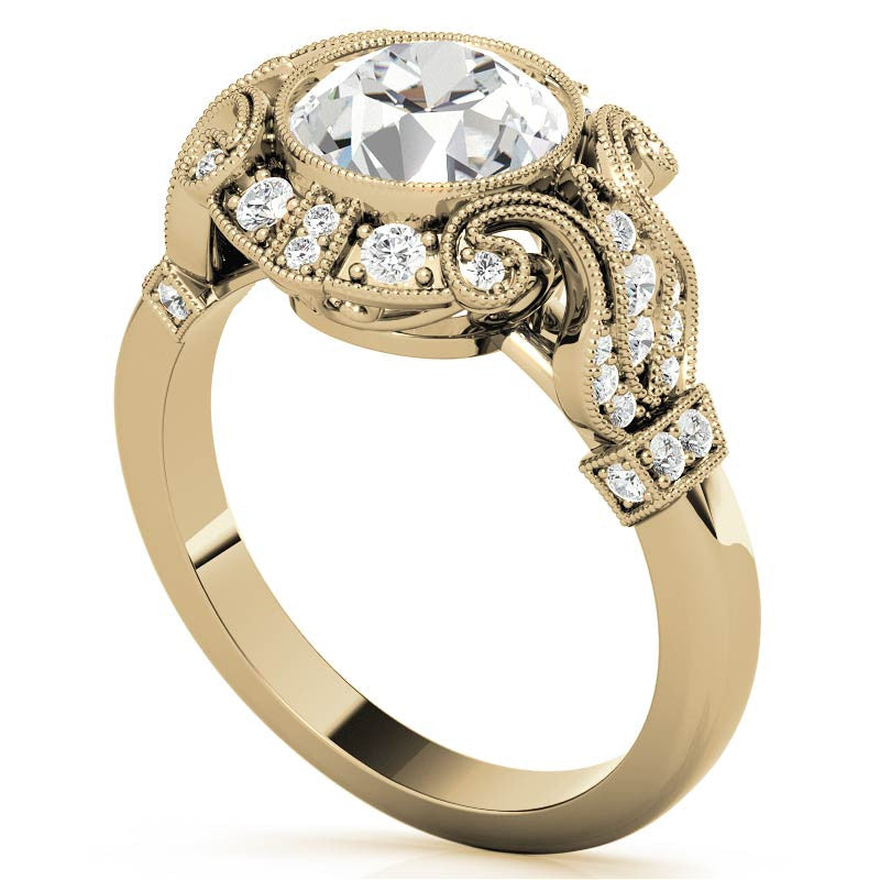 Antique Style Bezel Round Brilliant Moissanite Engagement Ring with Milgrain