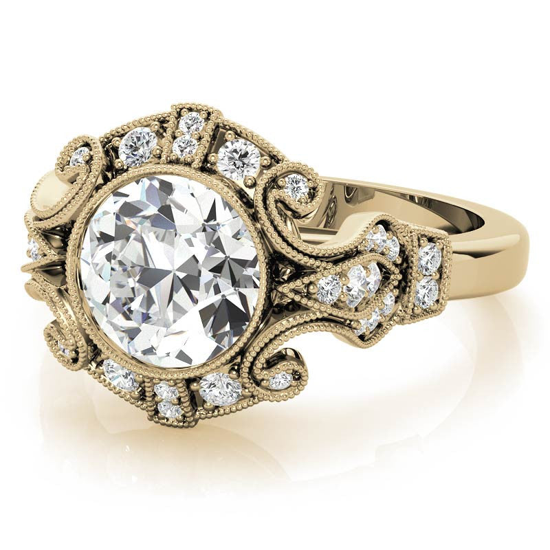 Antique Style Bezel Round Brilliant Moissanite Engagement Ring with Milgrain