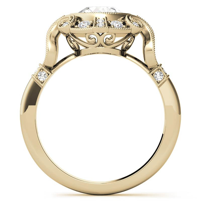 Antique Style Bezel Round Brilliant Moissanite Engagement Ring with Milgrain