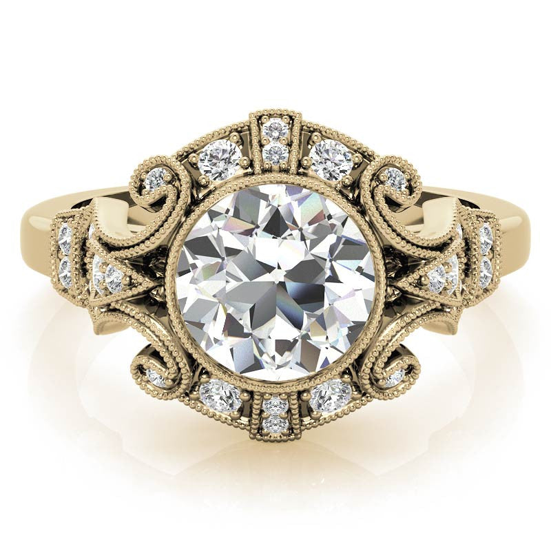 Antique Style Bezel Round Brilliant Moissanite Engagement Ring with Milgrain