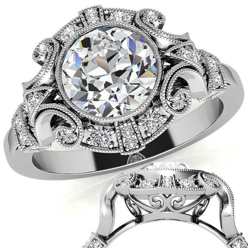 Antique Style Bezel Round Brilliant Moissanite Engagement Ring with Milgrain