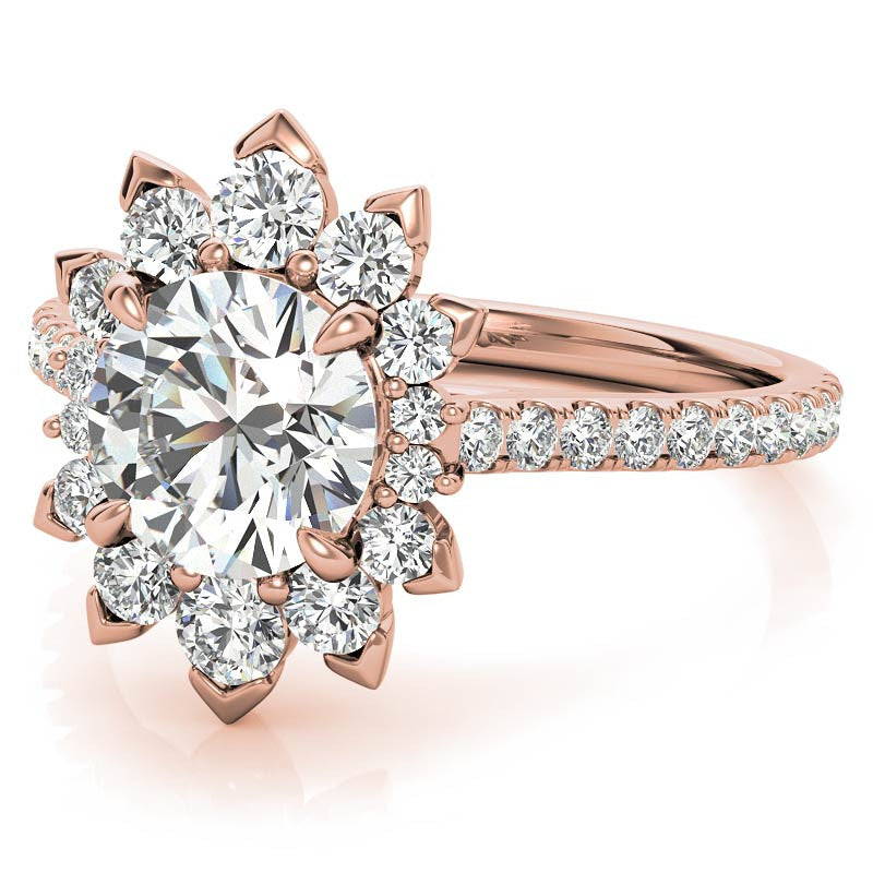 Round Moissanite Halo Engagement Ring with V-Prong Accents