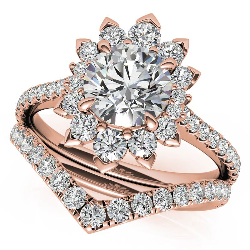 Round Moissanite Halo Engagement Ring with V-Prong Accents