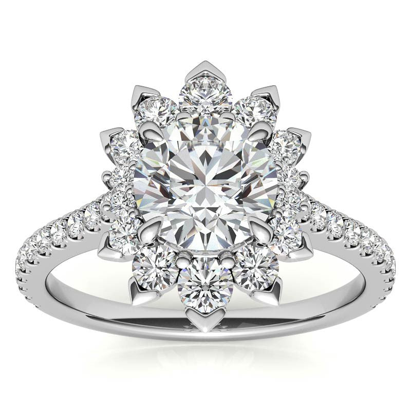 Round Moissanite Halo Engagement Ring with V-Prong Accents