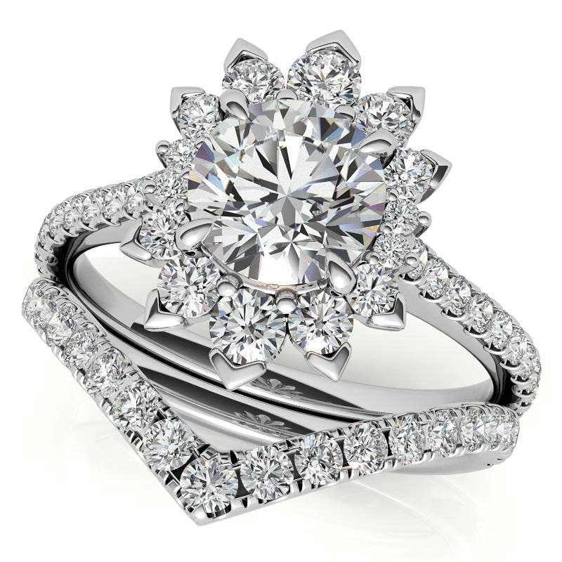 Round Moissanite Halo Engagement Ring with V-Prong Accents