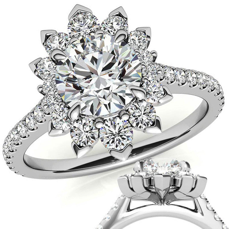 Round Moissanite Halo Engagement Ring with V-Prong Accents