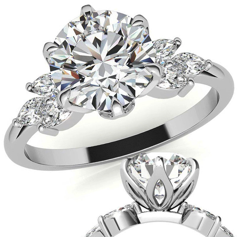 Round and Marquise Tulip Setting Moissanite Engagement Ring
