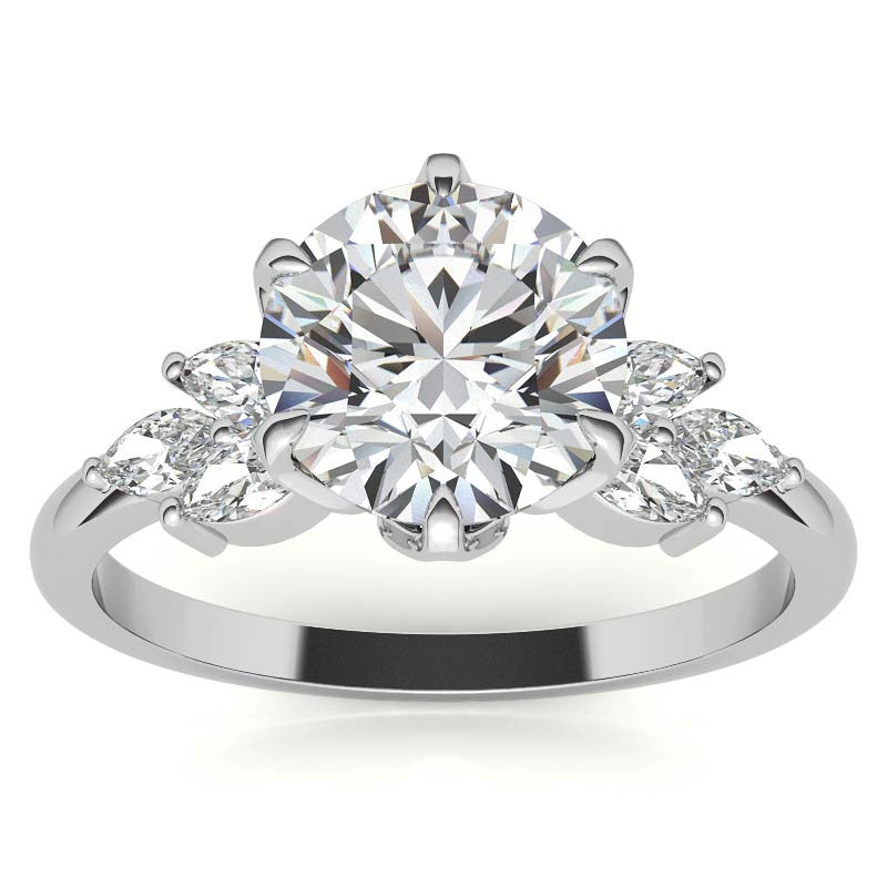 Round and Marquise Tulip Setting Moissanite Engagement Ring