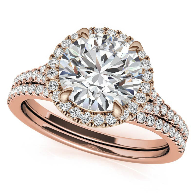 Petite Cathedral Halo Round Brilliant Moissanite Engagement Ring
