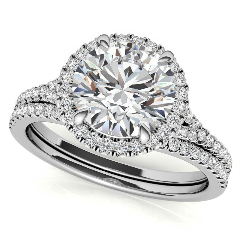 Petite Cathedral Halo Round Brilliant Moissanite Engagement Ring