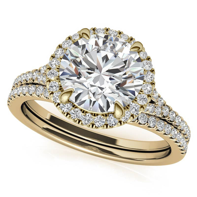 Petite Cathedral Halo Round Brilliant Moissanite Engagement Ring