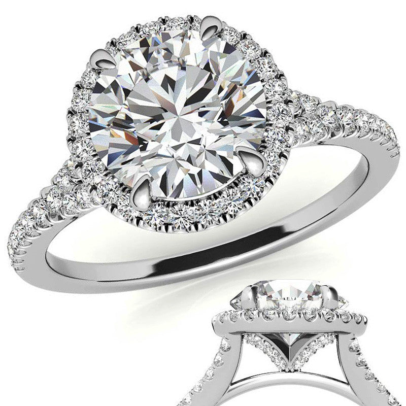 Petite Cathedral Halo Round Brilliant Moissanite Engagement Ring