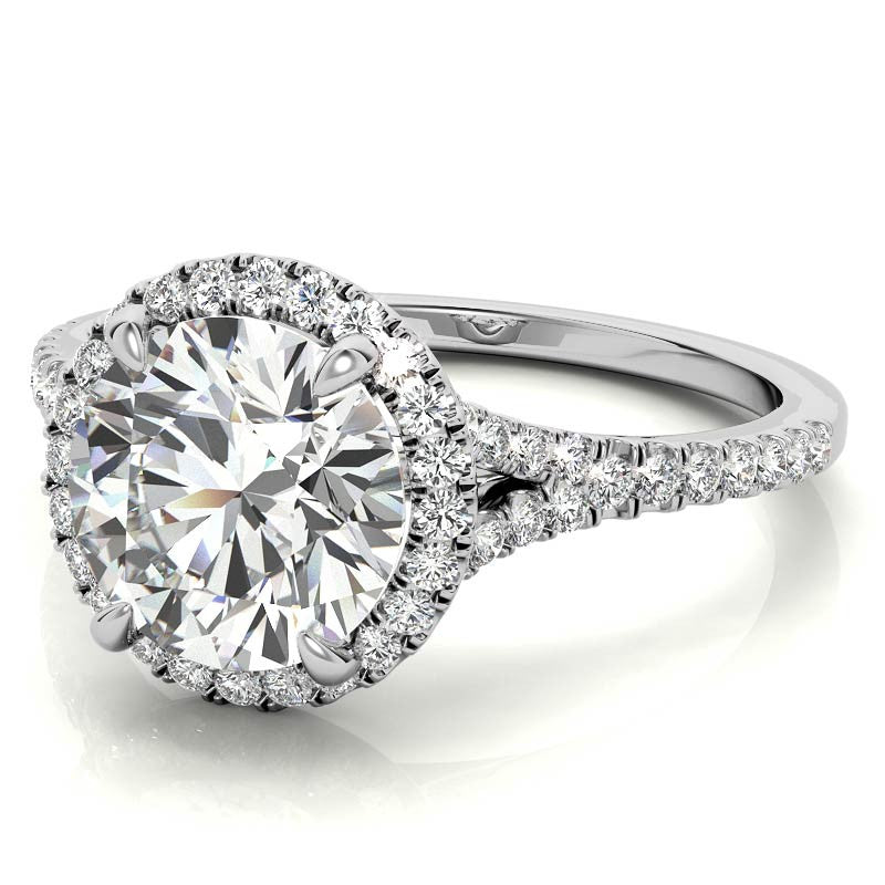Petite Cathedral Halo Round Brilliant Moissanite Engagement Ring