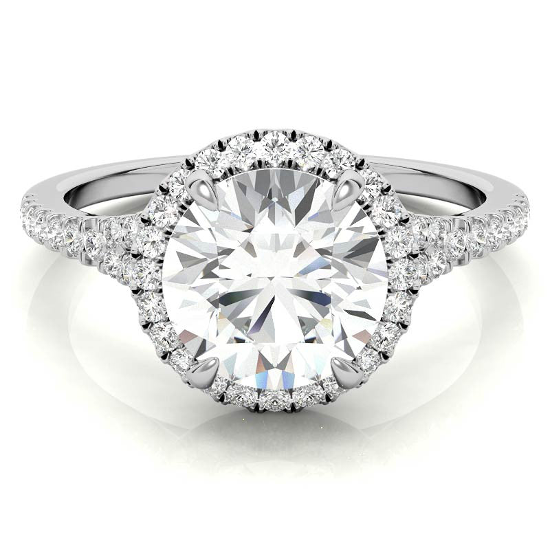 Petite Cathedral Halo Round Brilliant Moissanite Engagement Ring