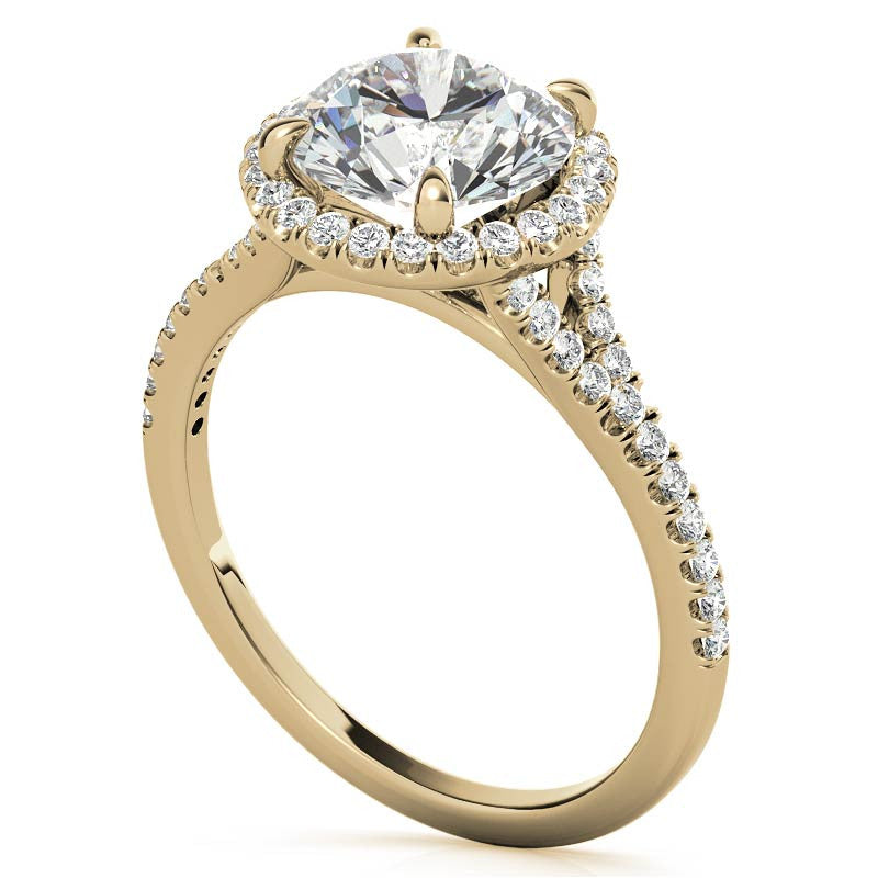 Petite Cathedral Halo Round Brilliant Moissanite Engagement Ring