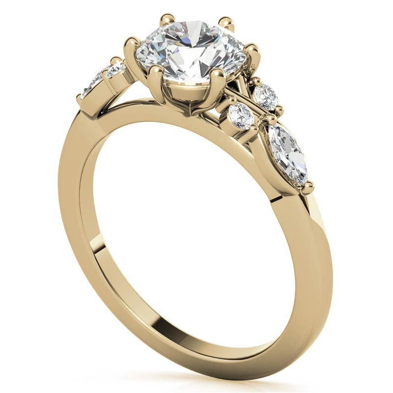 Round and Marquise Cathedral Moissanite Engagement Ring