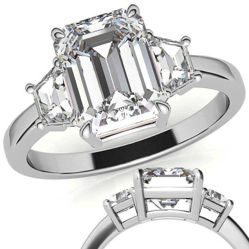 Emerald / Radiant and Trapezoid Moissanite Engagement Ring