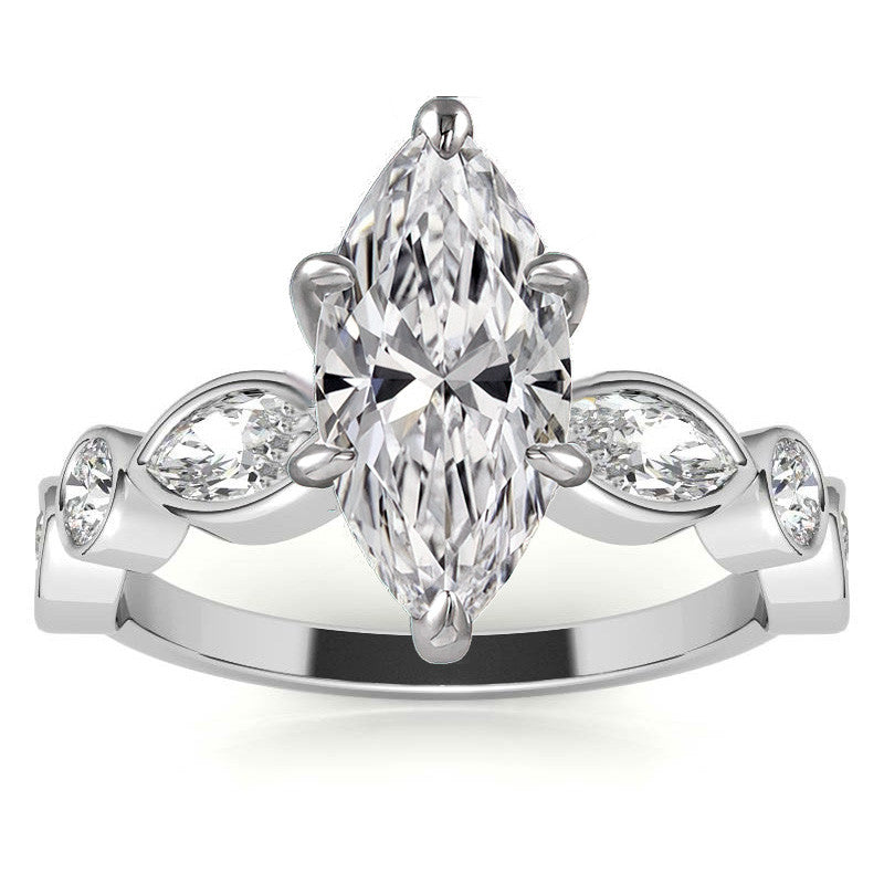 Round and Marquise Bezel Moissanite Engagement Ring