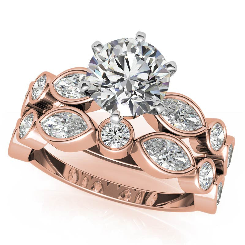 Round and Marquise Bezel Moissanite Engagement Ring