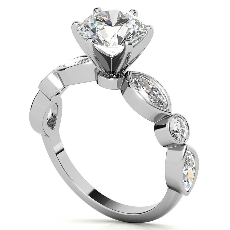 Round and Marquise Bezel Moissanite Engagement Ring
