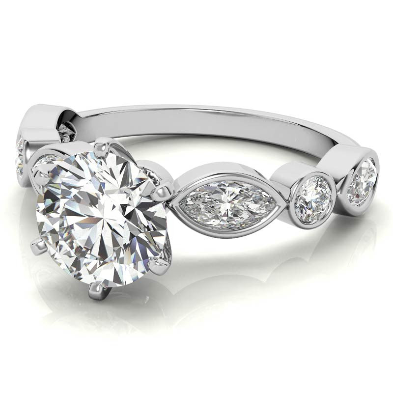 Round and Marquise Bezel Moissanite Engagement Ring