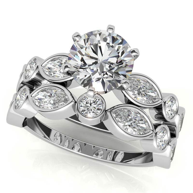 Round and Marquise Bezel Moissanite Engagement Ring